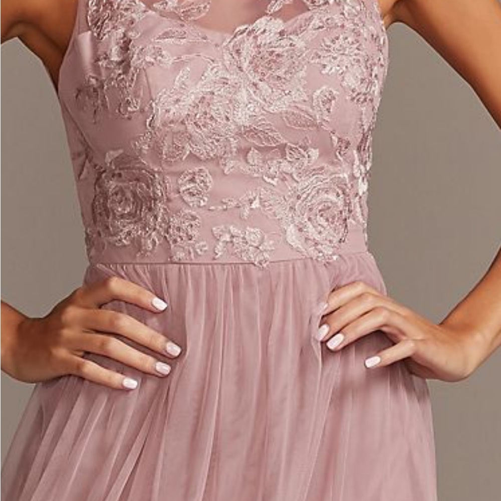 David's Bridal Blush Lace Appliqué Tulle Maxi Dress